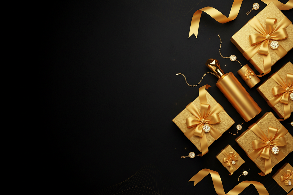 Gift items on the right side with black background make the gifts a bright color like gold
